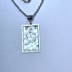 Handmade Unisex “Wheel of Fortune “ Tarot Card Pendant Stainless Steel Chain